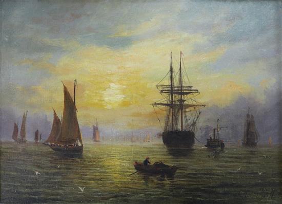 Adolphus Knell, oil on canvas, Ships anchored at harbour at sunset, 22 x 30cm